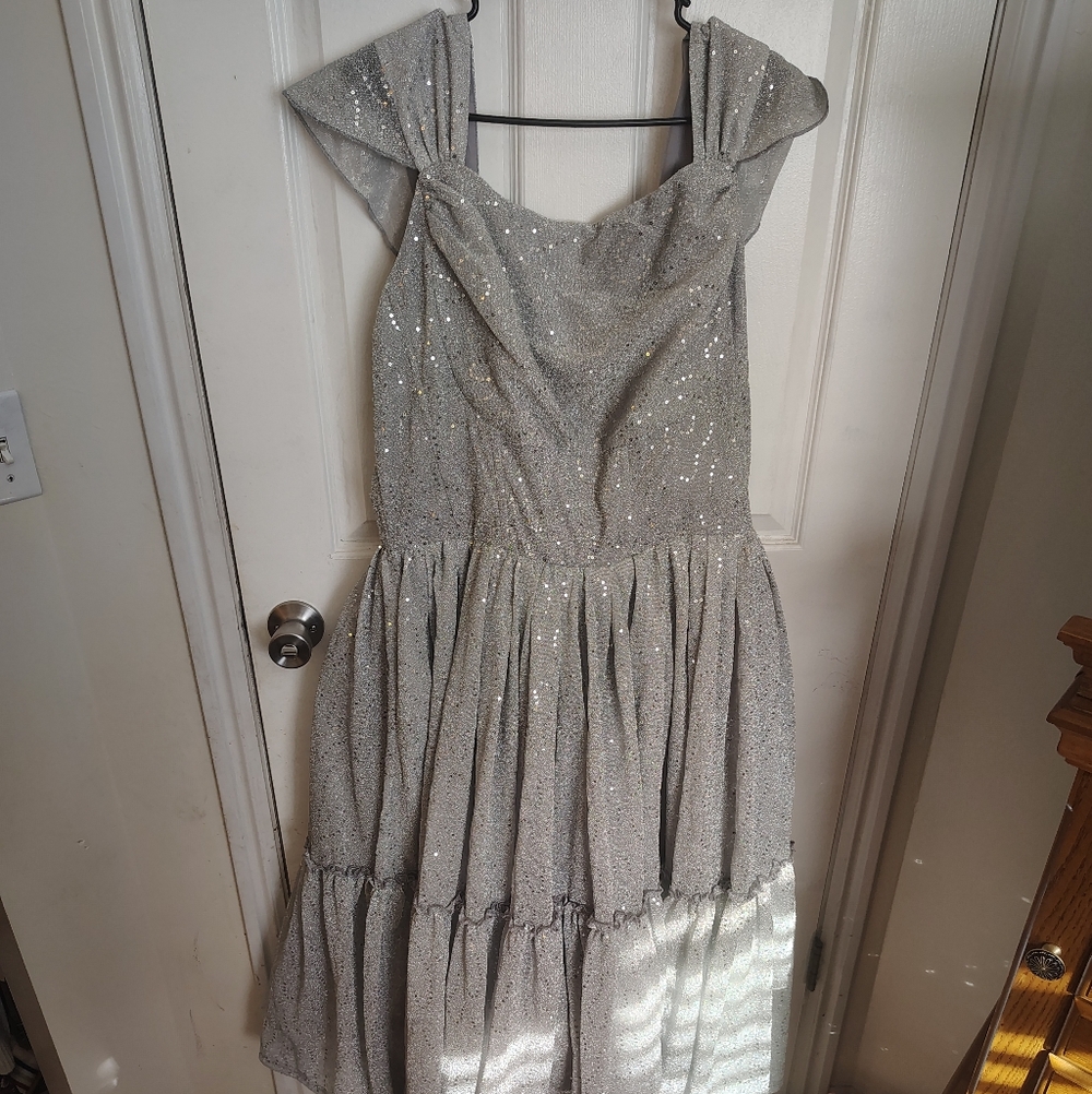 Ivy City Co Silver Sequin Midi Dress